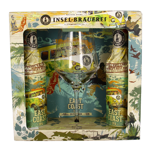 Rügener Insel-Brauerei Insel East Coast GP,
2 Flaschen und 1 Glas