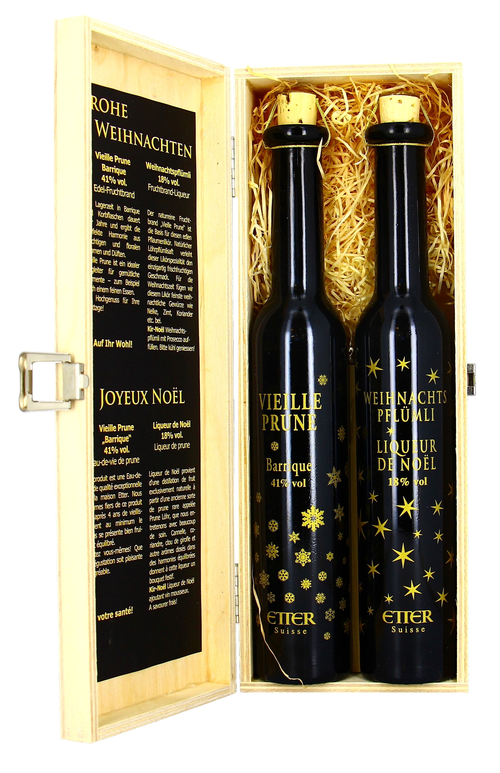 Etter Weihnachtsholzkistli, 1x 20cl Weihnachtspflümli-Liquer, 1x 20cl  Vieille Prune Hiver