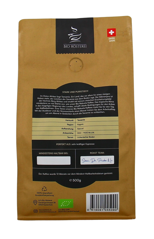 Lü's Bio Rösterei Tanzania Sortenrein, Ganze Bohnen, 500g °Bio°